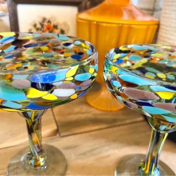 Vintage Hand Blown Confetti Margarita Glasses Set of 2 Hand Crafted 12oz - Picture 5 of 7